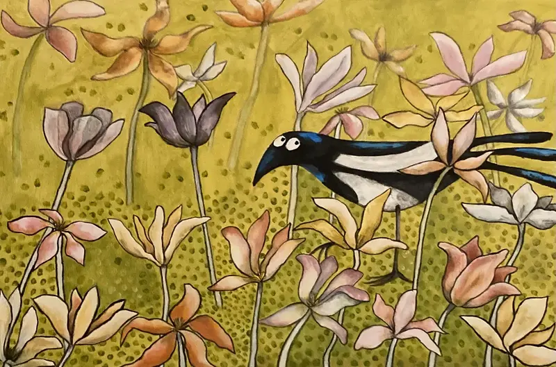 Akrylmålning Vilse bland blomster av Gabrielle van der Wal