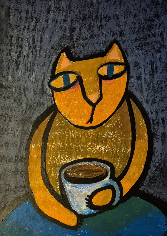 Novembermorgon (katt med kaffekopp) av Simone Hallin