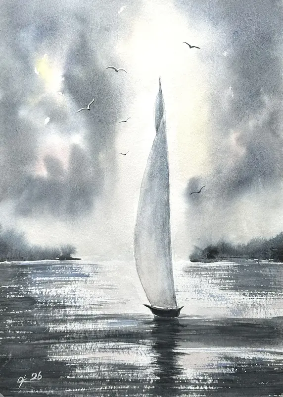 Akvarell Yacht till havs. av Olga Kharyakova