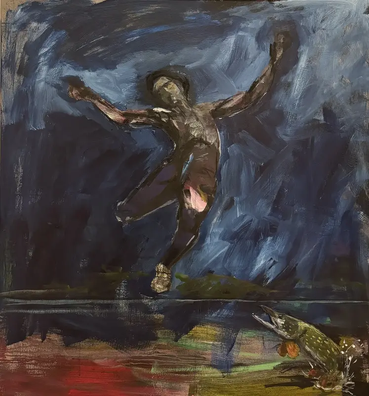 Akrylmålning Hopp (med gädda) av Per Kornhall