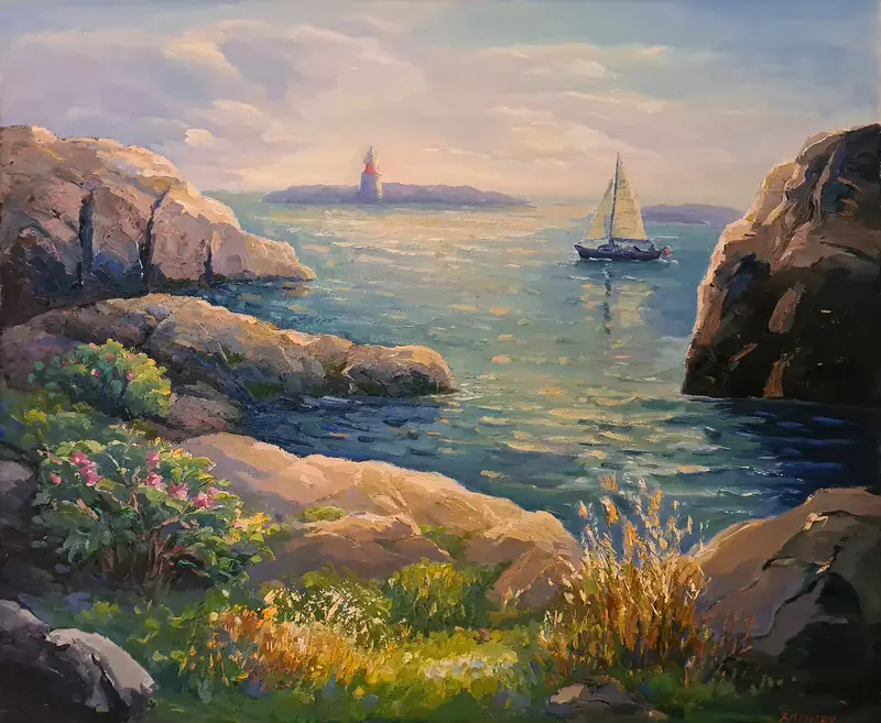 Oljemålning Båttur i skymningen av Rosmarie Leisky