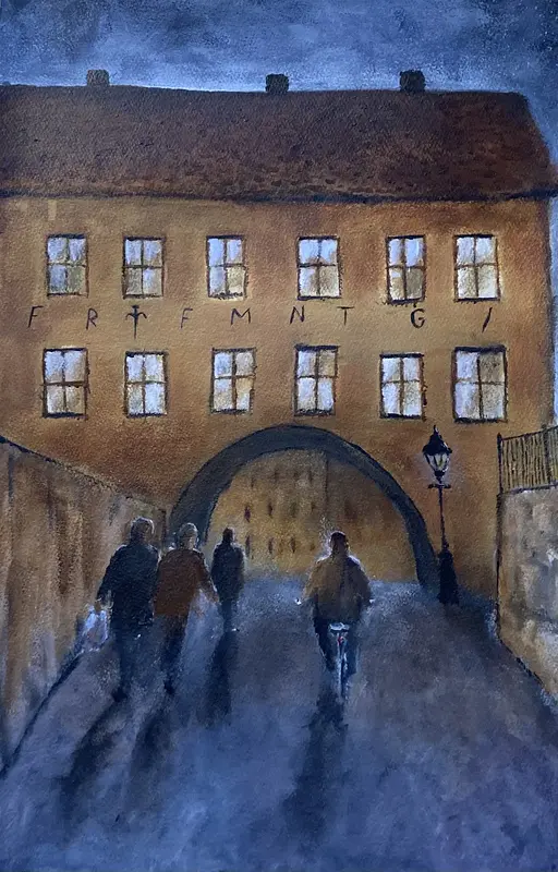 Akrylmålning GATLYKTAN VID SKYTTEANUM (inramad) av Rose-Marie Lyckebrant-Lindqvist