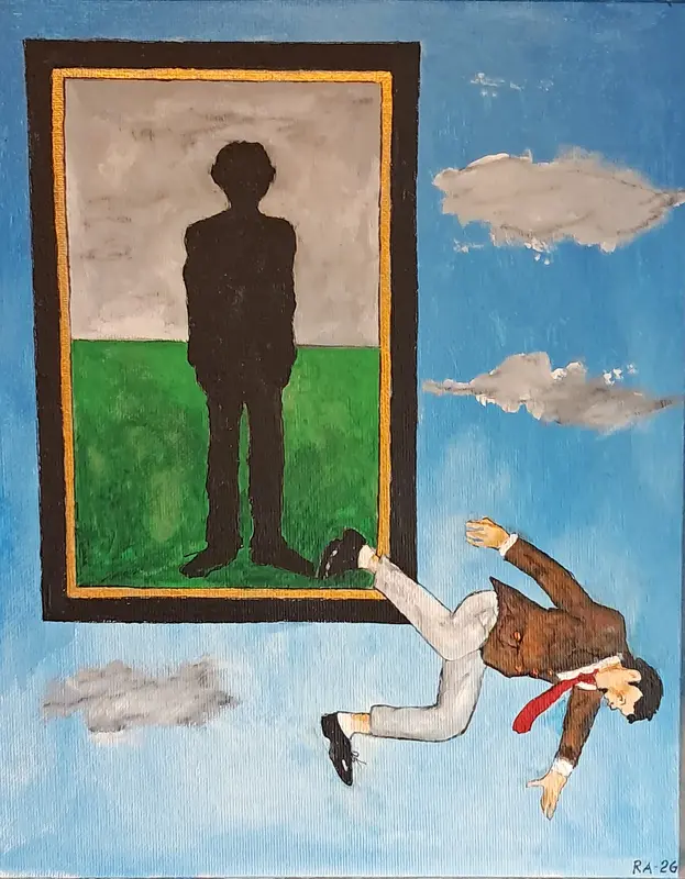 Akrylmålning Mannen som föll ur ramen. av Roland Adolfsson