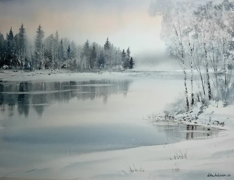 Akvarell Rimfrost vid älven av Lotta Andersson