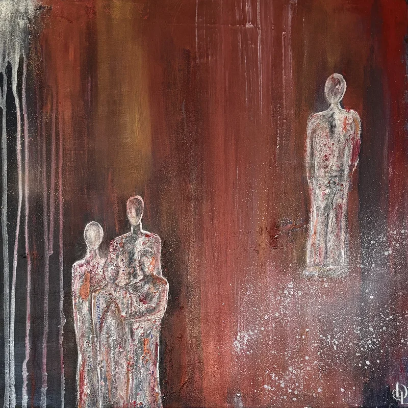 Akrylmålning Among them elsewhere Abstrakt figurativ akrylmålning av Donna Lee Johansson