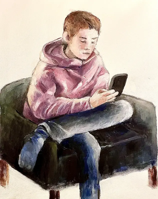Oljemålning Pojke med mobil av Sonja Pleijel