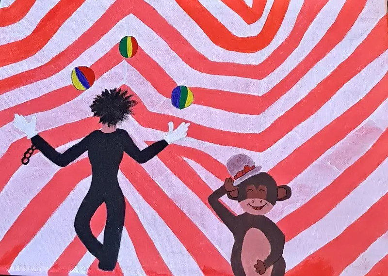 Akrylmålning Cirkus jonglör av Hanna Engdahl