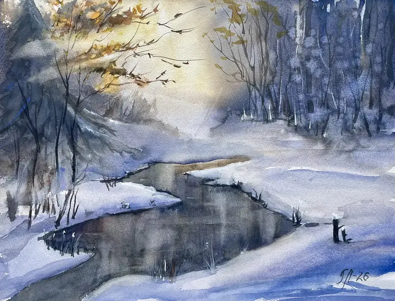 Akvarell Vinter bäck av Tanya Lundmark