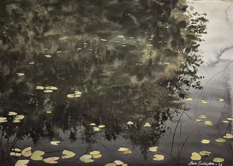 Akvarell Näckrosblad i tjärn av Maria Lindström