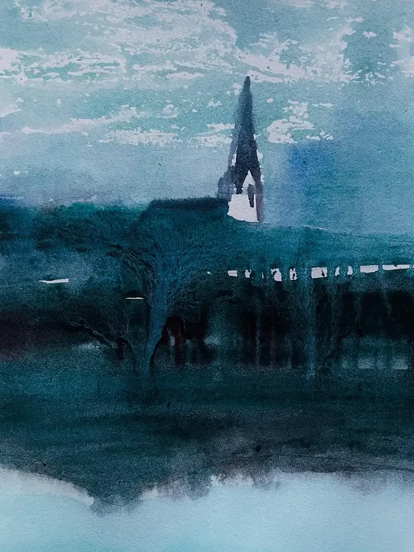 Akvarell Over skog og sjø av J Gita Hansen