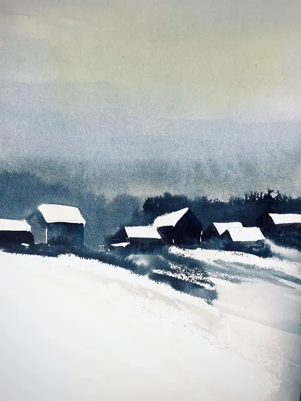 Akvarell Vinterens landsbygd av J Gita Hansen