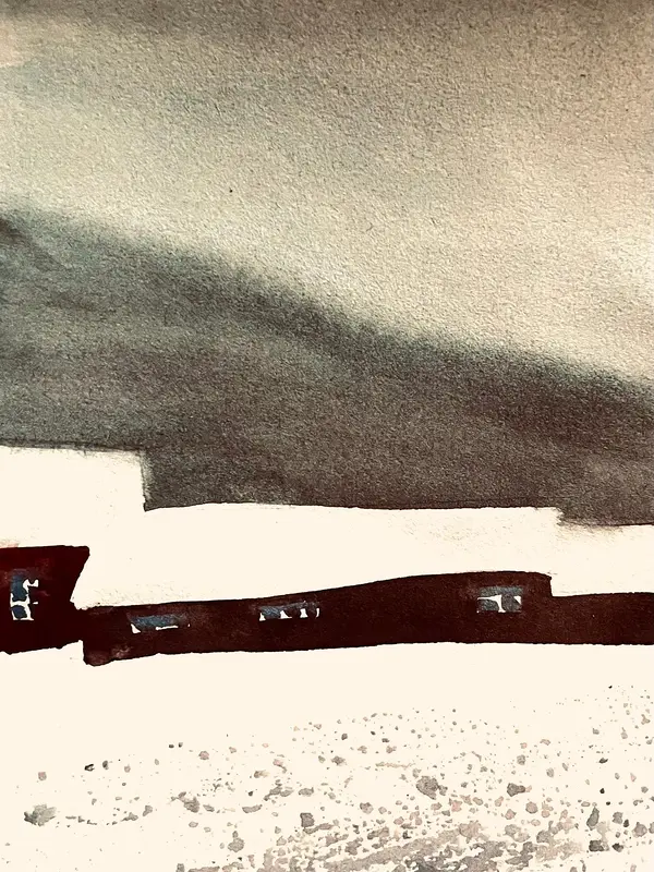 Akvarell Sågverket i snön av J Gita Hansen