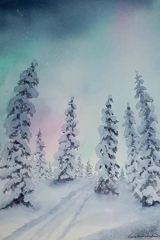 Akvarell Snötyngd av Lena Bovin Adolfsson