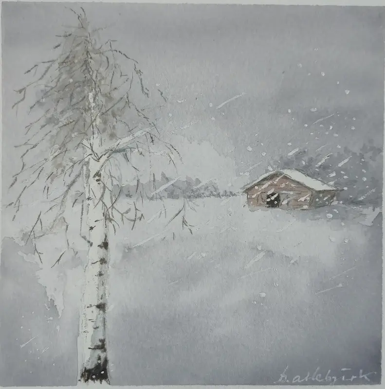 Akvarell Lada i snöstorm av Berit Arlebjörk