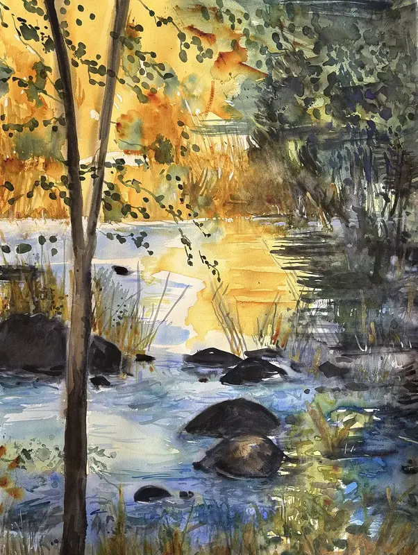 Akvarell Skön sommarkväll vid å45 av Iréne Viberg