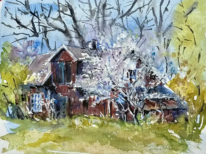 Akvarell Ödehus om våren av Iréne Viberg