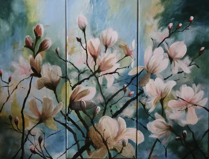 Akrylmålning Triptyk Magnolia av Jennie Larsdotter