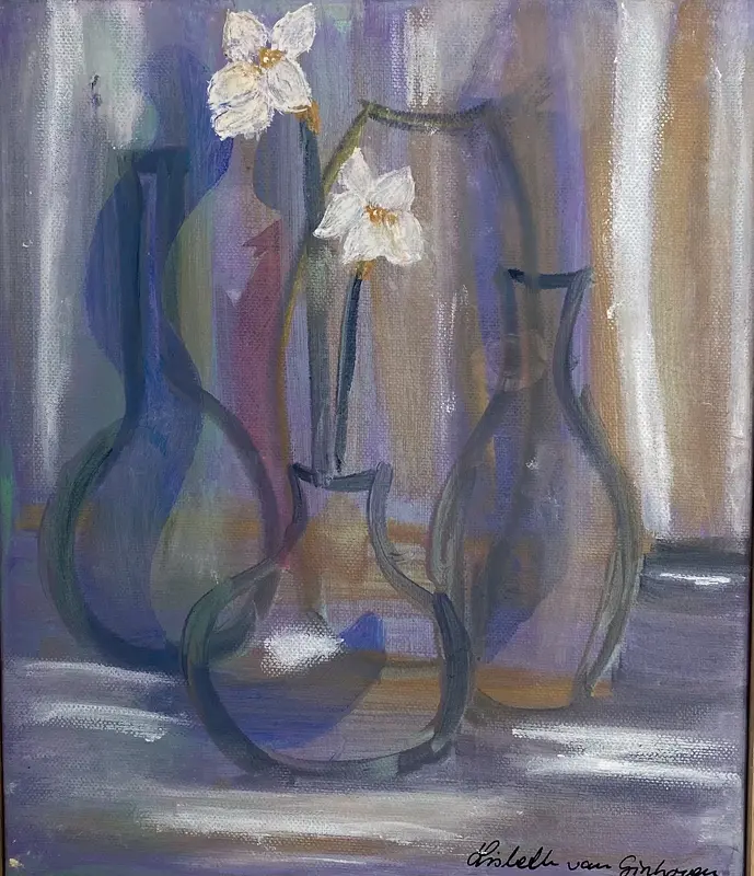 Akrylmålning Vit blomma i glasvas av Lisbeth van Ginhoven