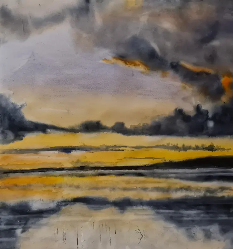 Akvarell Solnedgång i Perunkasjö av Into Särkelä