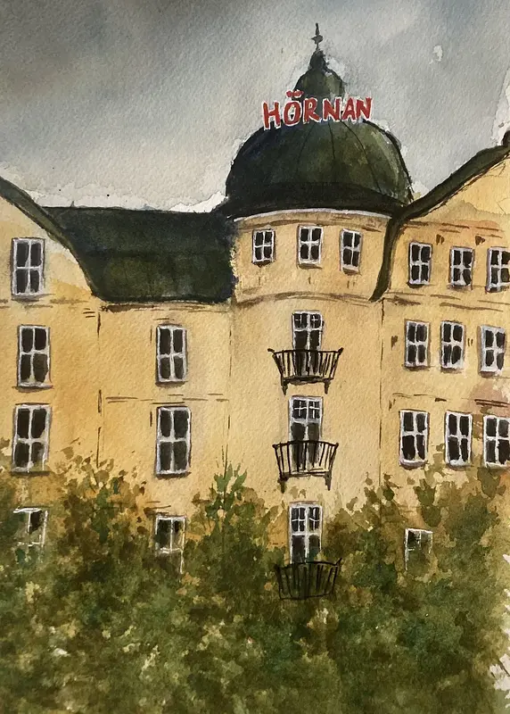 Akvarell HOTELLET HÖRNAN av Rose-Marie Lyckebrant-Lindqvist