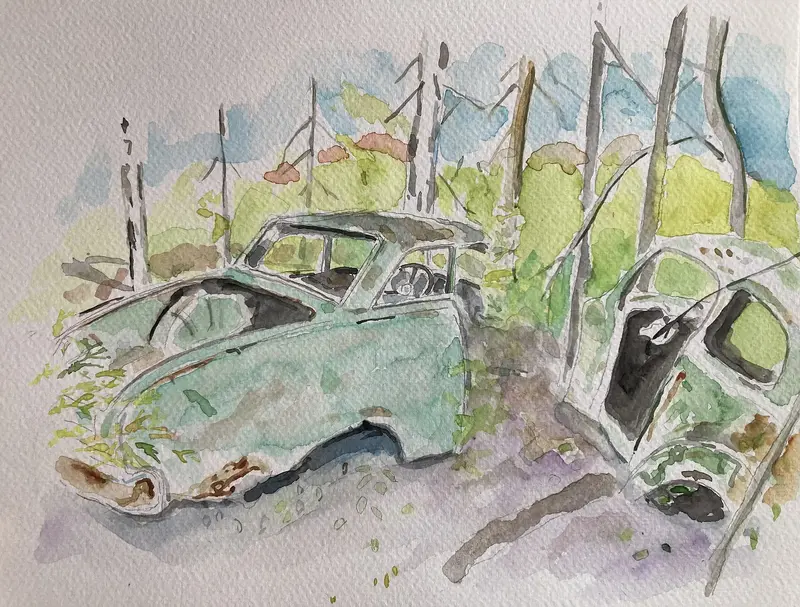 Akvarell Bilarna i skogen av Conny Johansson