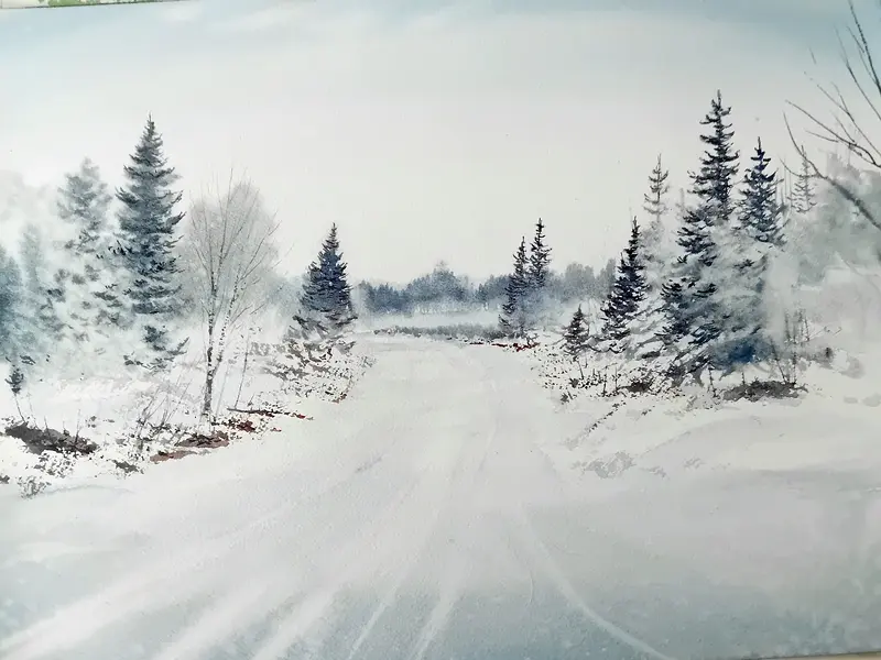 Akvarell Skidspår längs gamla järnvägen av Lotta Andersson
