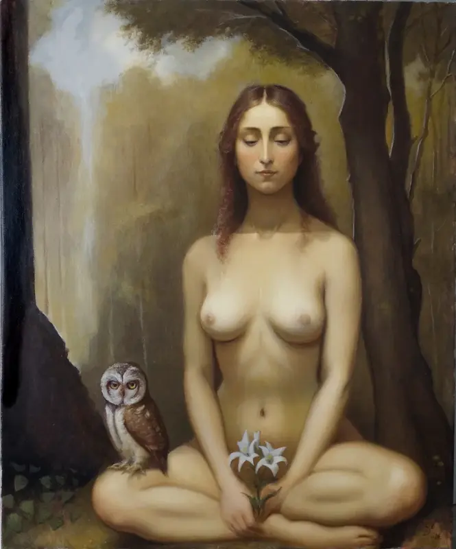 Oljemålning Mediterande kvinna med uggla av Stefan Nyman