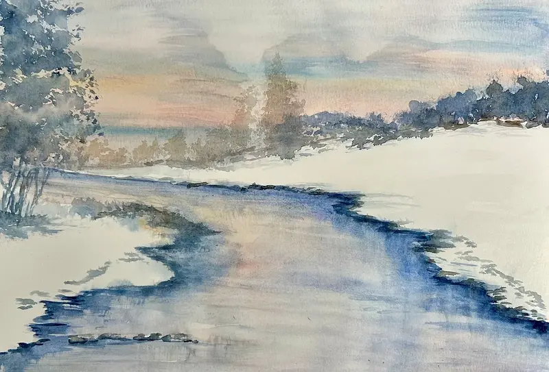 Akvarell Vinter vid ån av Inger Axbrink