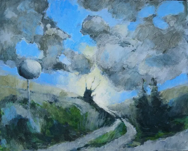 Akrylmålning Road, mirror, sunset av Rebecca Landmér