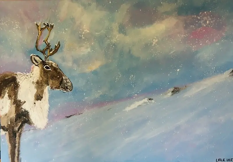 Akrylmålning Ren i vinterljus av Little Lee