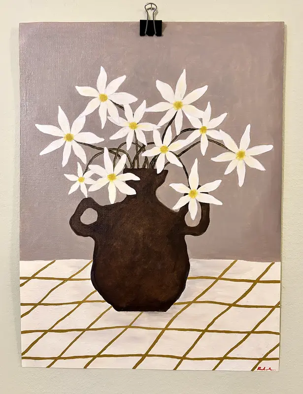Oljemålning Vita blomster på rutig duk av Rebecka Hansson