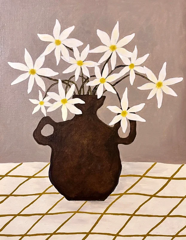 Oljemålning Vita blomster på rutig duk av Rebecka Hansson