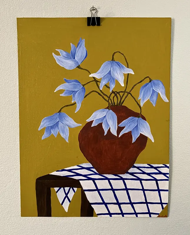 Oljemålning Blå blomster i terrakotta vas av Rebecka Hansson