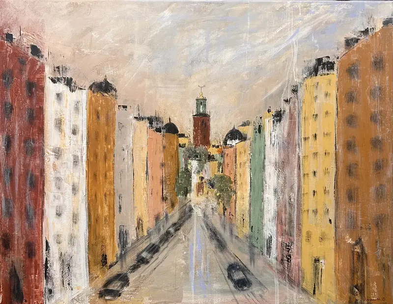 Akrylmålning Färgerna längs Hantverkargatan av Ulrica Halling Olsson_art Stockholm