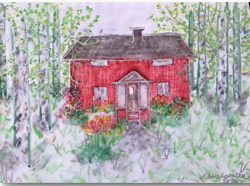 Akvarell Liten röd stuga av Linda Abrahamsson La Arts Sweden