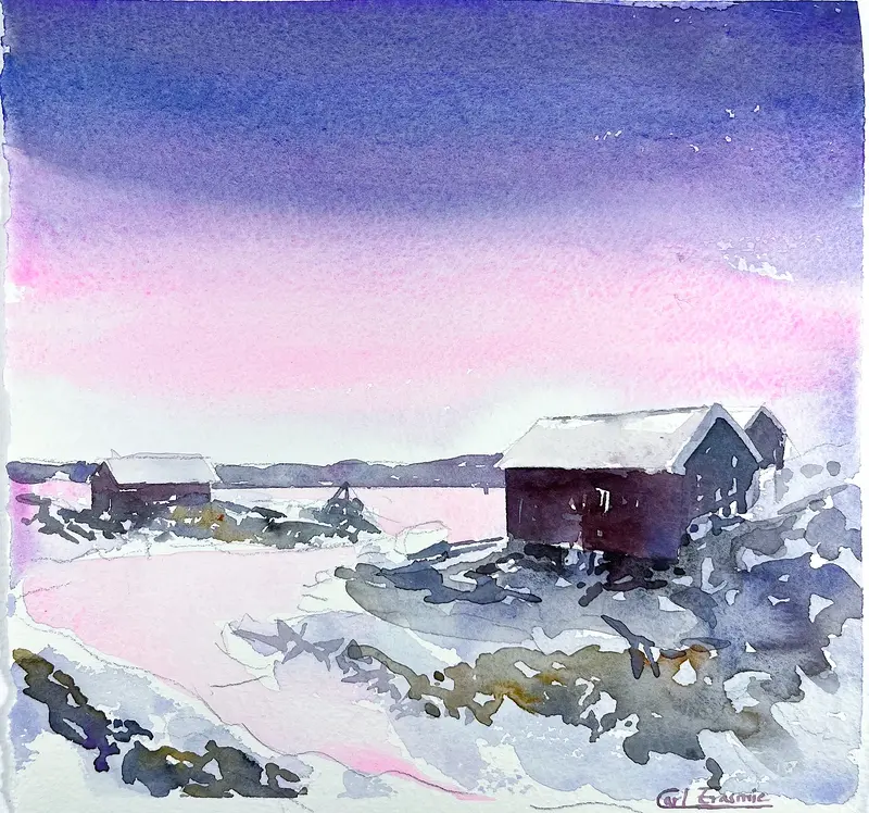 Akvarell Vinterhimmel över Björholmen av Carl Erasmie