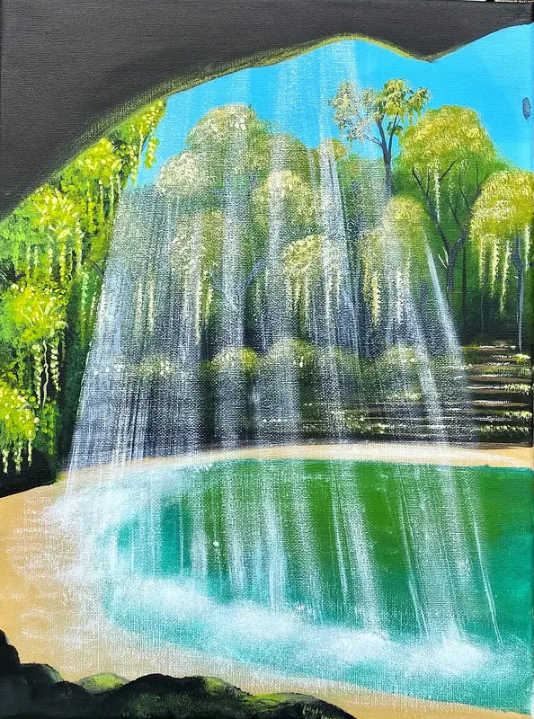 Akrylmålning WaterFall Cave av Kaoutar EL Karfi