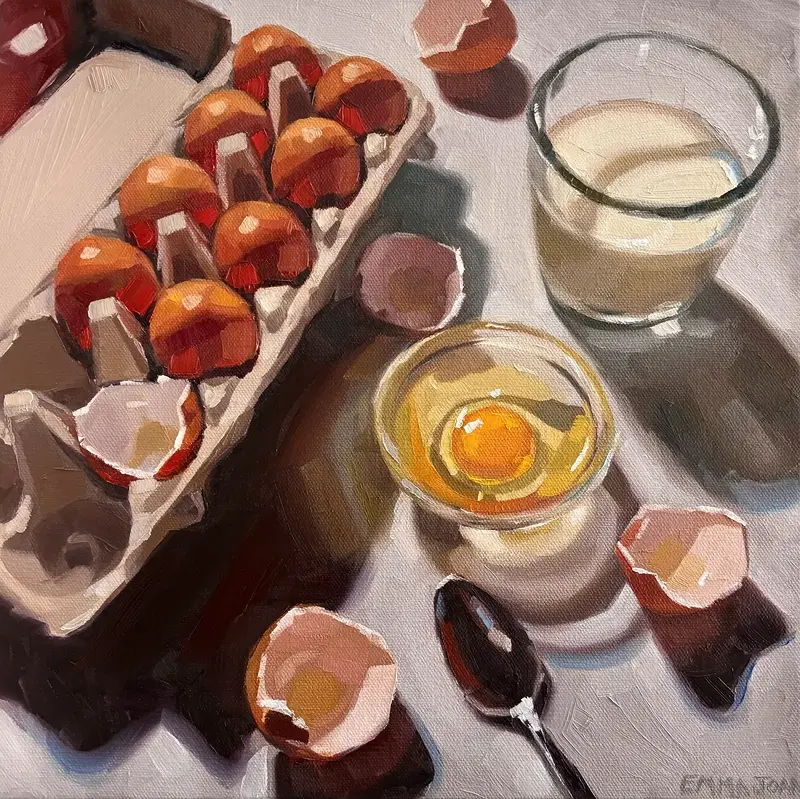 Oljemålning Eggs & Milk av Emma Joan