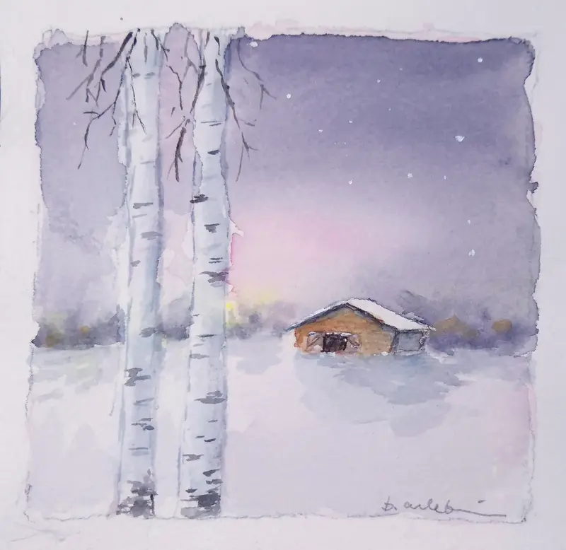 Akvarell Rosa vinter av Berit Arlebjörk