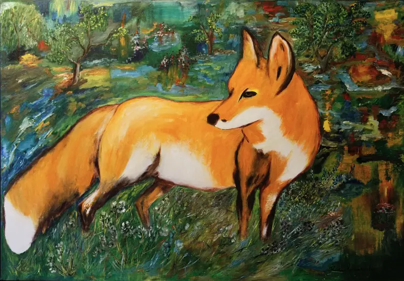 Oljemålning Skogens tysta räv.                    The silent fox of the forest av Kristina Rosenbecker