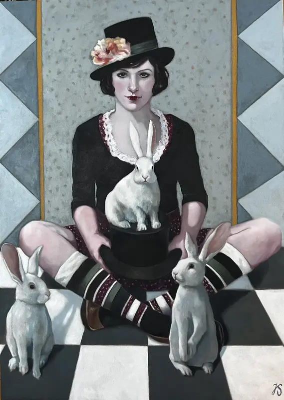 Oljemålning Rabbits om the run av Jenny Söderlund