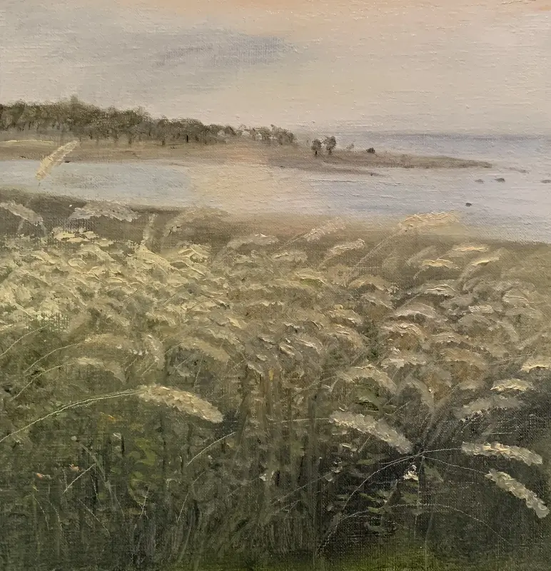 Oljemålning Grusslok på strand av Ruth Fomin Persson