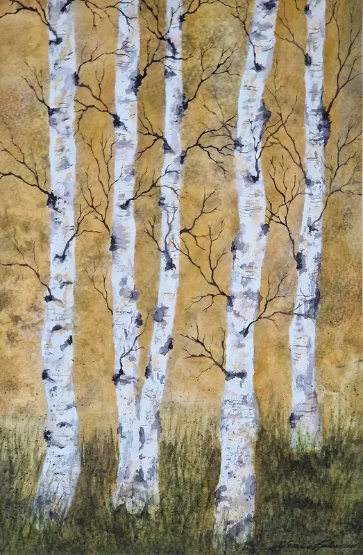 Akvarell Höstbjörkar av Yvonne Halvarsson