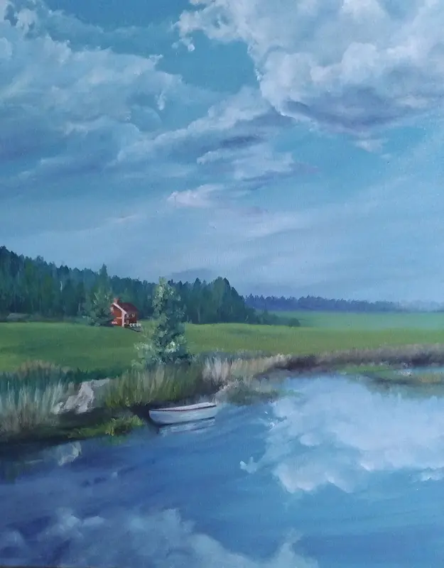 Oljemålning Lindesjön av Marika Soldati