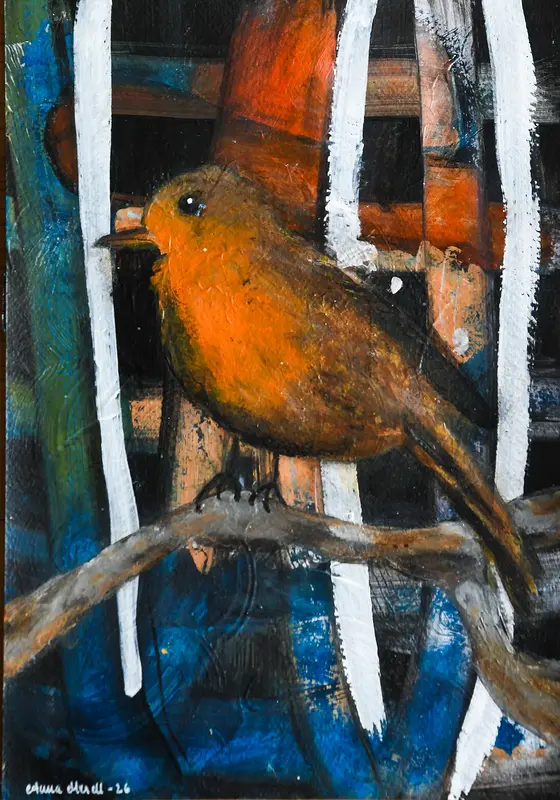 Akrylmålning En fågel i skogen av Anna Merell