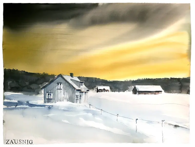 Akvarell Hus under gul himmel av Daniel Zausnig