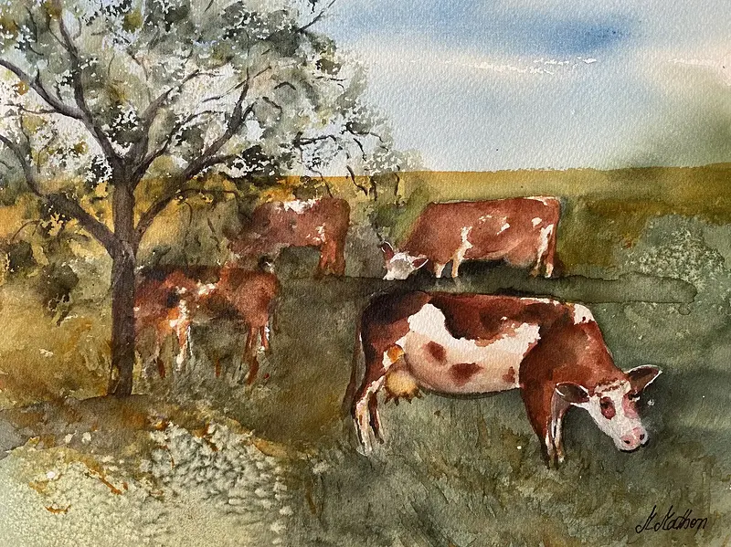 Akvarell Kor i skugga av Margareta Mattsson