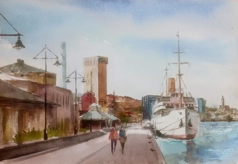 Akvarell Morgonpromenad av Jugoslav Pavic