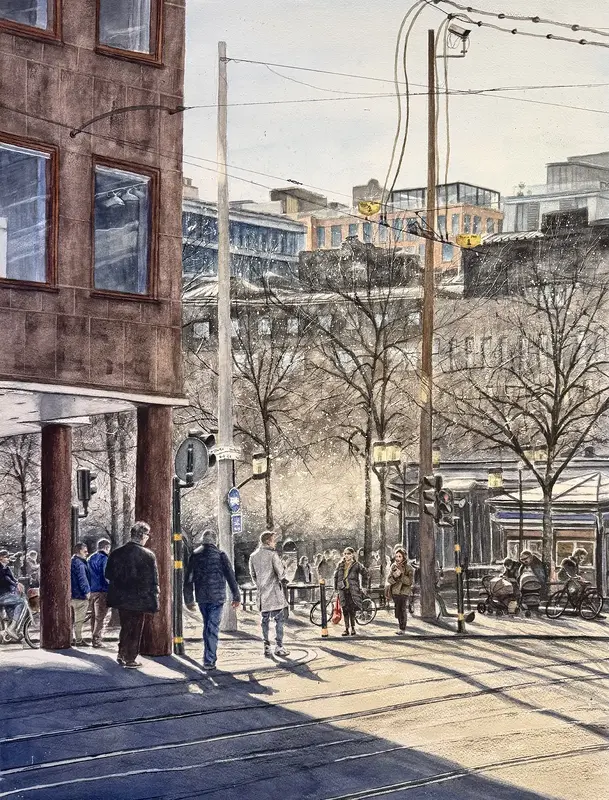 Akvarell Vårsol på Hamngatan av Sara Bennett