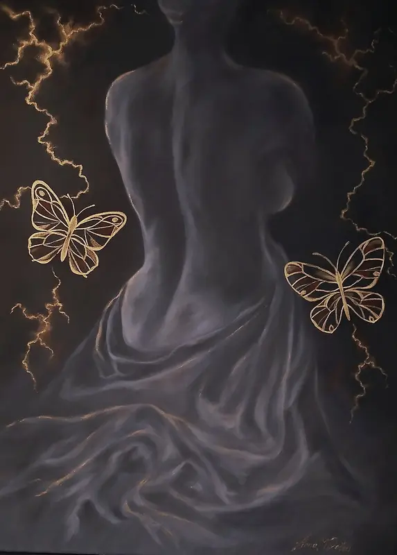 Oljemålning The touch of the butterflies av Anna Dosen